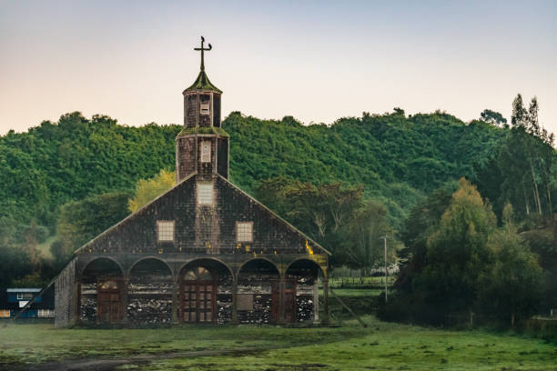 Exterior view of quinchao church, one of world heritage wooden churches located at Chiloe island, Chile