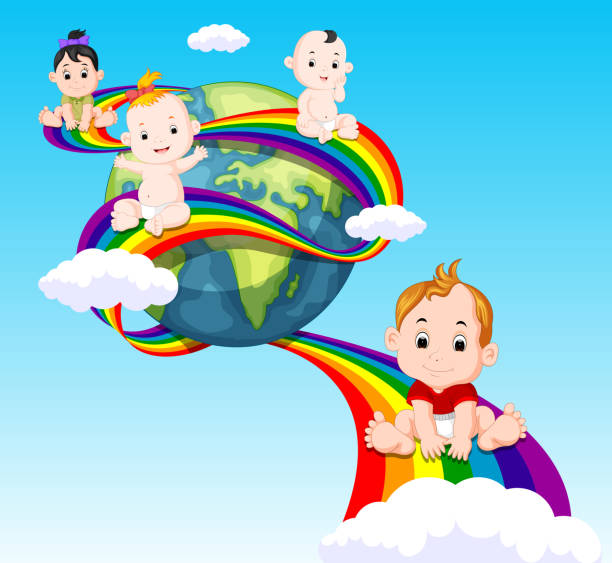 милый ребенок скольжения по радуге в небе - rainbow preschooler baby child stock illustrations