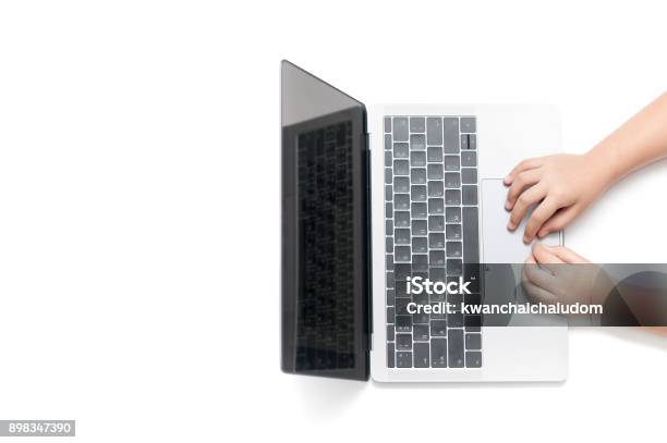 Kid Computer Hand Hand Child Playing Computer On Top View Isolated Stock Photo - Download ...