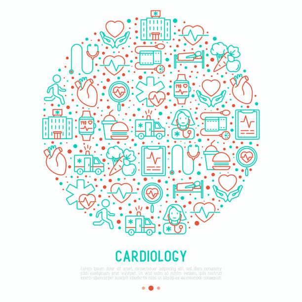 koncepcja kardiologii w kółku z cienkimi ikonami linii: kardiolog, stetoskop, szpital, pulsometr, kardiogram, bicie serca. nowoczesna ilustracja wektorowa baneru, strony internetowej, nośników drukowanych. - human cardiovascular system heart shape human hand healthy lifestyle stock illustrations