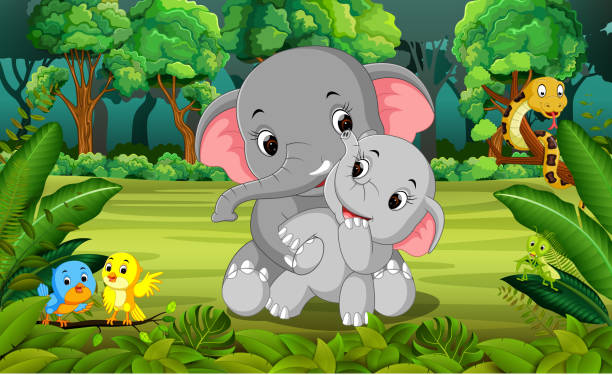 Elephant and baby elephant in the forest illustration of Elephant and baby elephant in the forest elephant ear plant stock illustrations