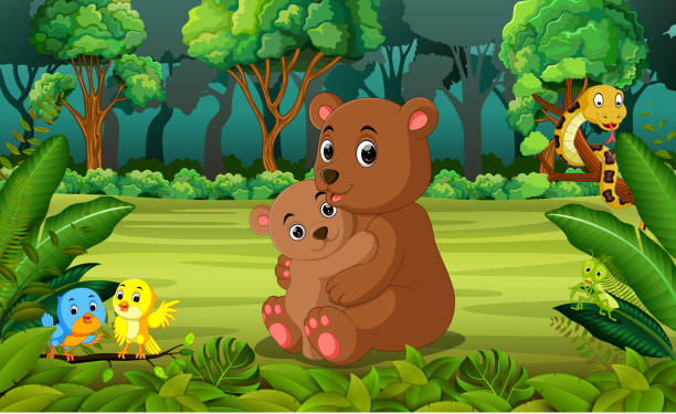 медведь и медвежонок в лесу - bear animal kissing forest stock illustrations