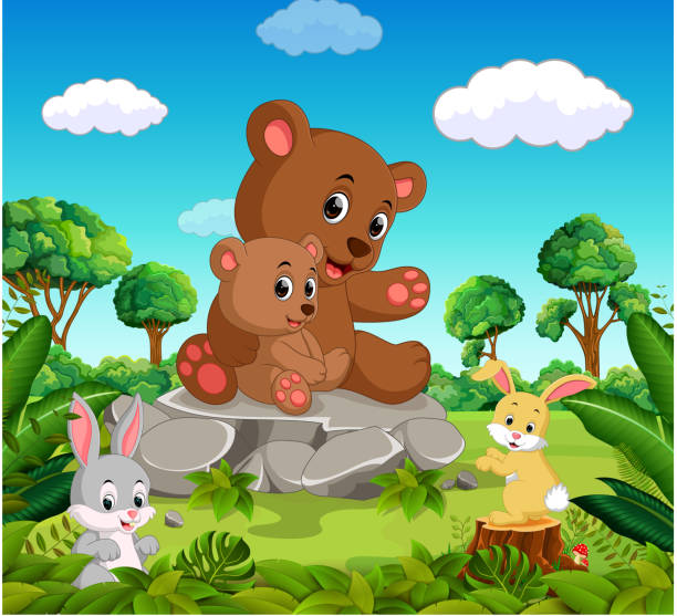 ilustrações de stock, clip art, desenhos animados e ícones de bear and baby bear in the forest - bear animal kissing forest