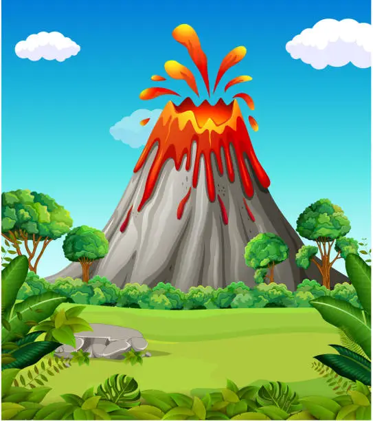 Vector illustration of Nature scene of volcano eruption
