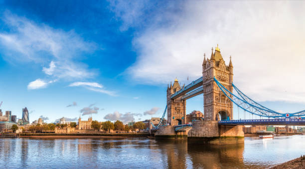 London cityscape panorama with River Thames Tower Bridge and Tower of London in the morning light Panoramic London skyline with iconic symbol, the Tower Bridge and Her Majesty's Royal Palace and Fortress, known as the Tower of London as viewed from South Bank of the River Thames in the morning light embankment photos stock pictures, royalty-free photos & images