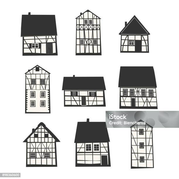 Set Of Traditional Half Timbered Houses Stock Illustration - Download Image Now - Half-Timbered, Germany, German Culture