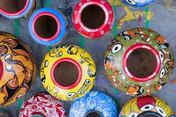 Bright colorful terracotta pots, works of handicraft, on display during Handicraft Fair in Kolkata - the biggest handicrafts fair in Asia.