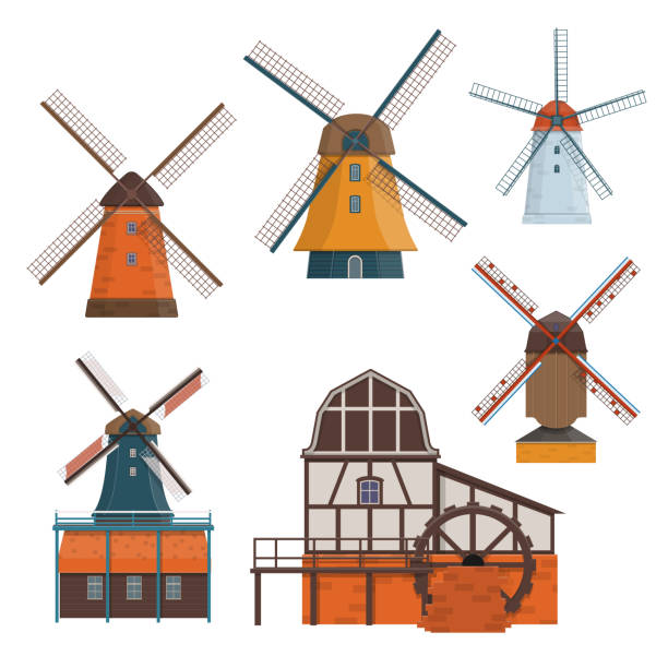 satz von traditionellen ländlichen windmühle und wassermühle - rohstoffverarbeitende fabrik stock-grafiken, -clipart, -cartoons und -symbole