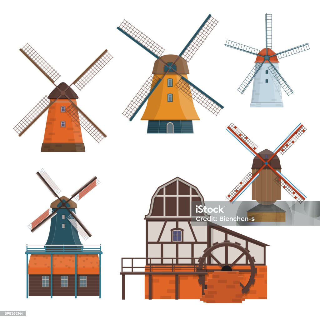 Набор традиционных сельских ветряная мельница и водяная мельница - Векторная графика Ветряная мельница роялти-фри