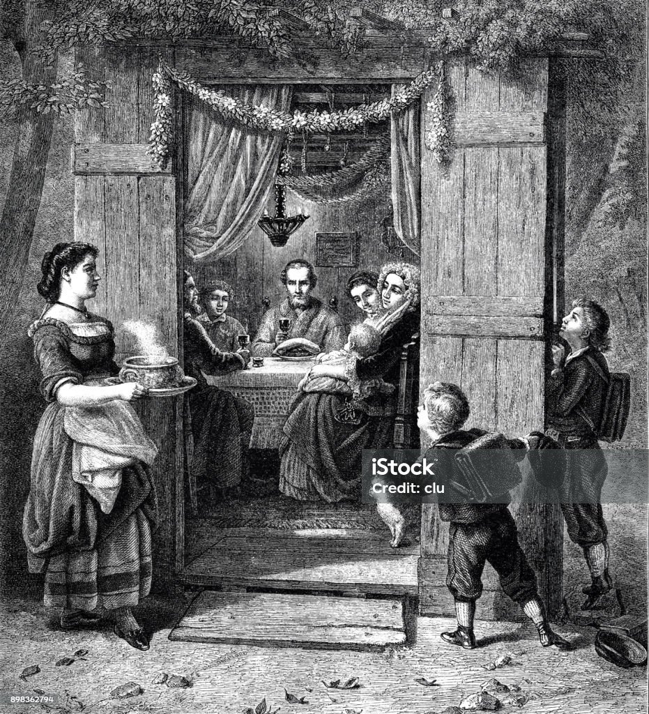 Feast of Tabernacles: Family sitting in the cottage, celebrating Illustration from 19th century Sukkoth Festival stock illustration