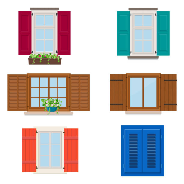 Set of open colorful different windows with shutters and flowers Set of open colorful different windows with shutters and flowers. Vector illustration shutter stock illustrations