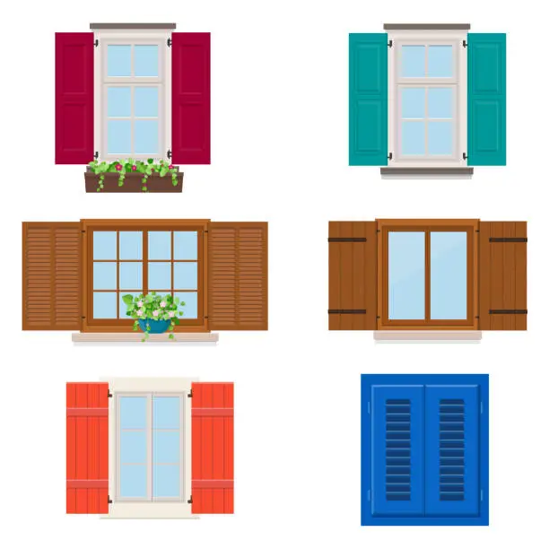 Vector illustration of Set of open colorful different windows with shutters and flowers