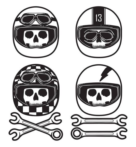 다양 한 레이싱 헬멧을 착용 하는 두개골 그림 손 - sports venue motorcycle motorized sport racecar stock illustrations