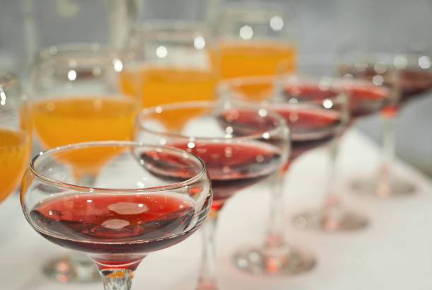 Various wine glasses on wooden table. Red, rose and white wines. Top view flat lay with copy space for your text
