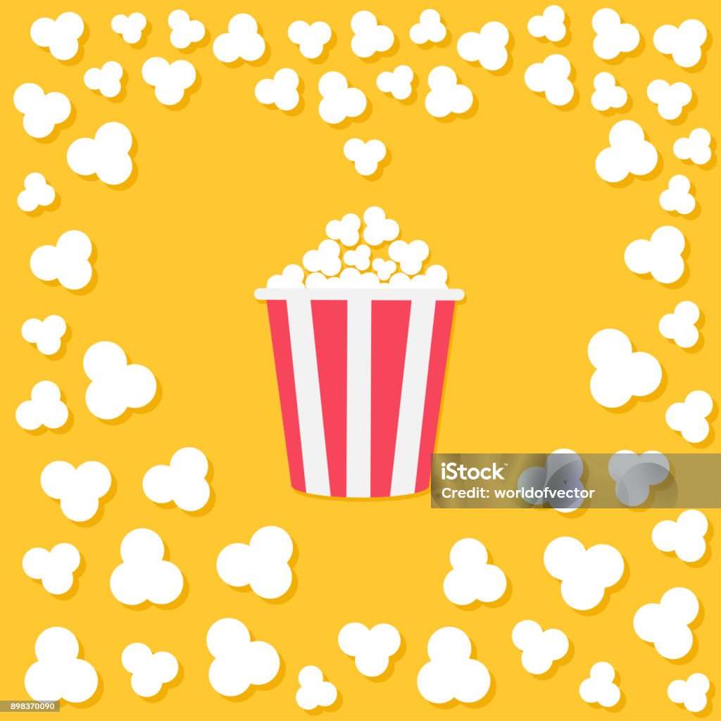 Hacer estallar las palomitas de maíz. Estructura de forma de corazón. Cuadro de la tira amarilla roja. Icono de la noche de película de cine. Comida sabrosa. Estilo de diseño plano. Fondo amarillo. - arte vectorial de Palomitas libre de derechos