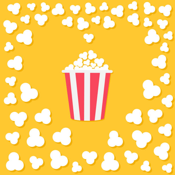 illustrazioni stock, clip art, cartoni animati e icone di tendenza di popcorn che spuntano. cornice a forma di cuore. striscia rossa gialla. icona della serata cinematografica. cibo gustoso. stile di design piatto. sfondo giallo. - heart shape snack dessert symbol