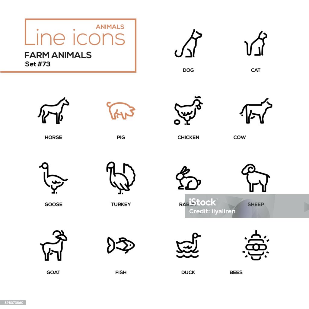 Farm animals - line design icons set Farm animals - line design icons set. High quality black pictograms. Dog, cat, horse, pig, chicken, cow, goose, turkey, rabbit, sheep, goat, fish, duck, bees Icon Symbol stock vector