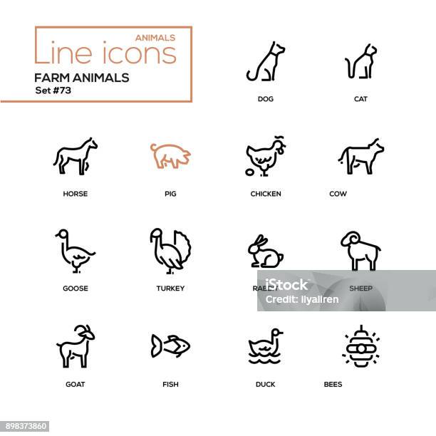 Farm Animals Line Design Icons Set Stock Illustration - Download Image Now - Icon Symbol, Animal, Domestic Cattle