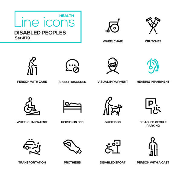 illustrazioni stock, clip art, cartoni animati e icone di tendenza di disabili - set di icone di struttura delle linee - silhouette interface icons wheelchair icon set