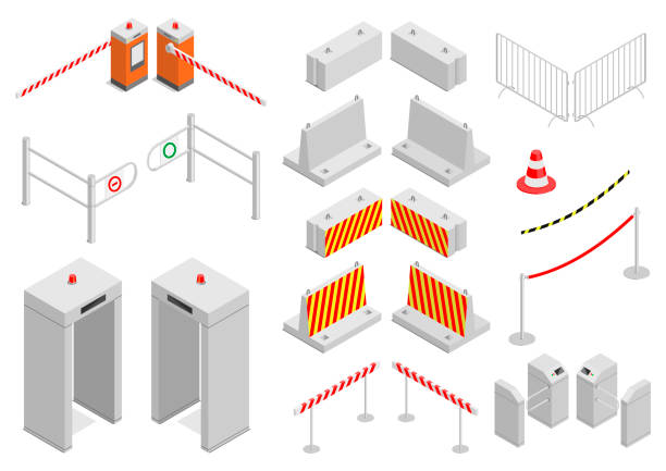 Set of elements infrastructure security Set of elements infrastructure city safety and security. Different control systems . Isometric. Vector graphics concrete borders stock illustrations