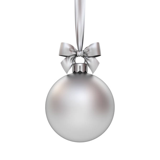 Christmas ball hanging with silver ribbon and bow isolated on white background