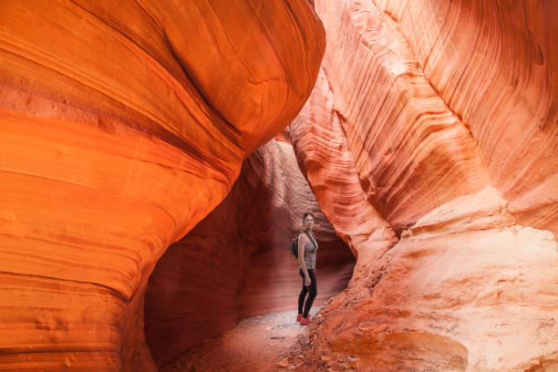 Woman hiking slot canyon Woman hiking slot canyon zion stock pictures, royalty-free photos & images