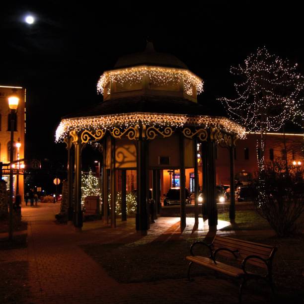 A gazebo in a public park decorated with lights at night