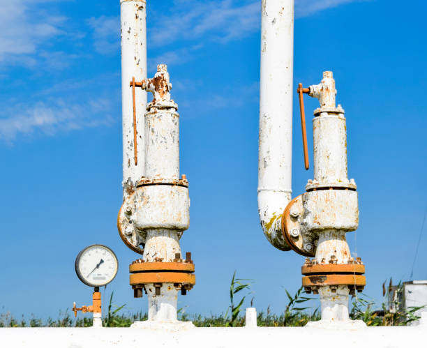 válvula de seguridad de resorte de acero y manómetro de presión en el recipiente del reactor. equipo de campo petrolero. - relieve fotografías e imágenes de stock