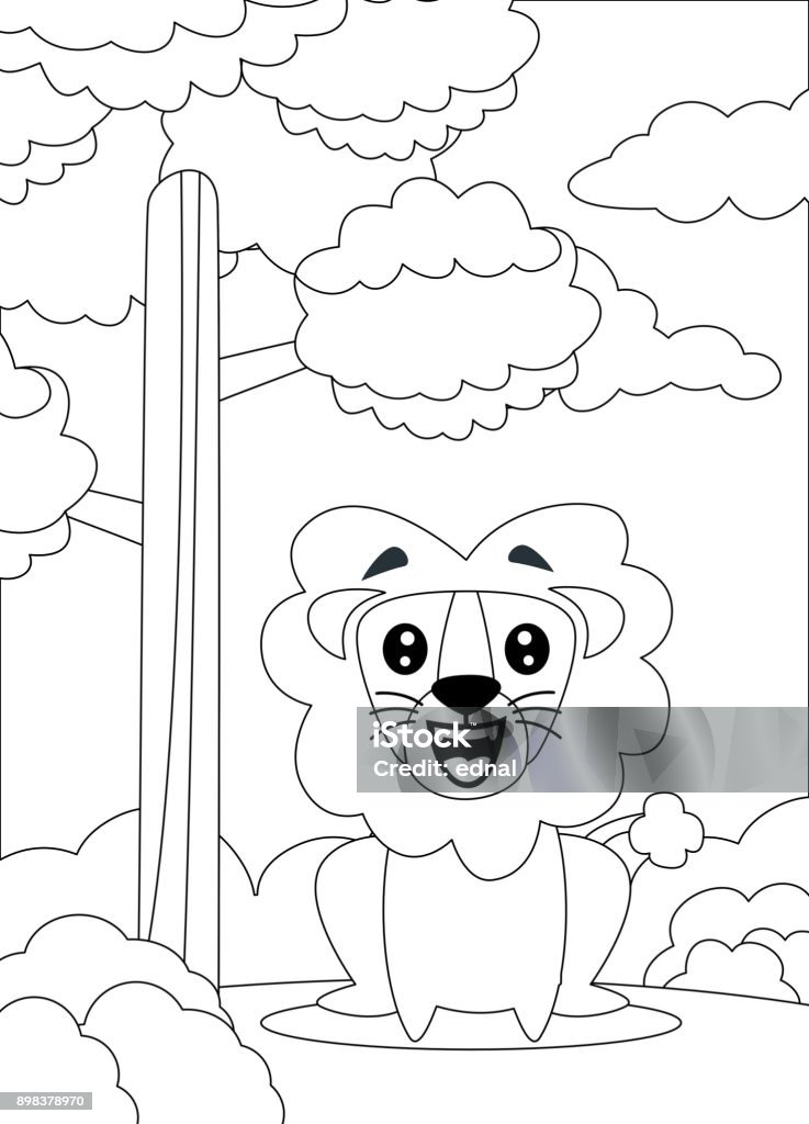 coloring page of a Lion sit and smiling. coloring page of a Lion sit and smiling. Cartoon lion. Suitable to use for children book and animal education Animal stock vector
