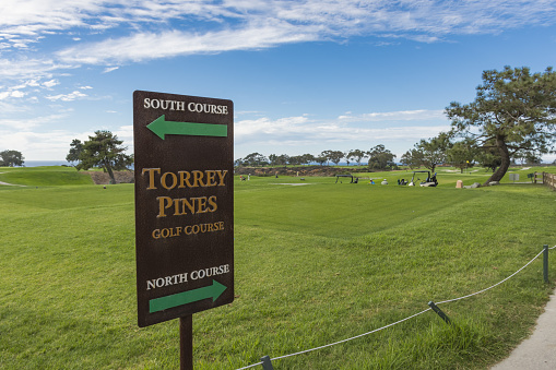 LA JOLLA, CALIFORNIA, USA - NOVEMBER 6, 2017: The North Course and South Course sign on the first tee of Torrey Pines golf course near San Diego.