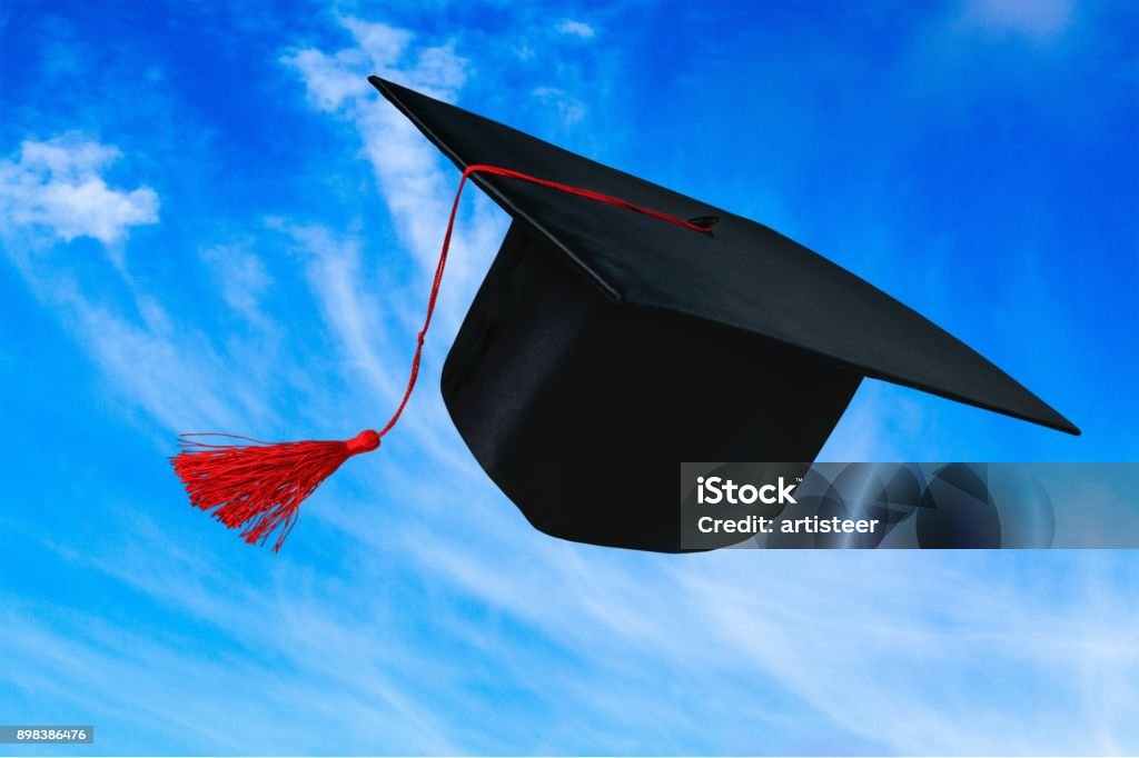 Mortar board. Black Graduation Cap Isolated on  Background. Mortarboard Stock Photo