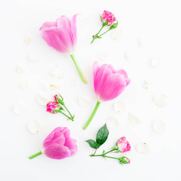 istock Pattern with pink flowers, branches and petals isolated on white background. Flat lay, Top view. Floral background. 898394874