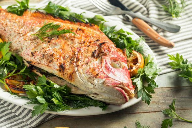 dentice rosso intero alla griglia fatto in casa - prepared fish prepared snapper freshness roasted foto e immagini stock