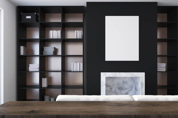 istock Black living room, fireplace and bookcases 898397536