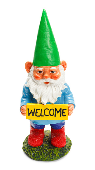 Garden Gnome Holding Welcome Sign Isolated on White Background.