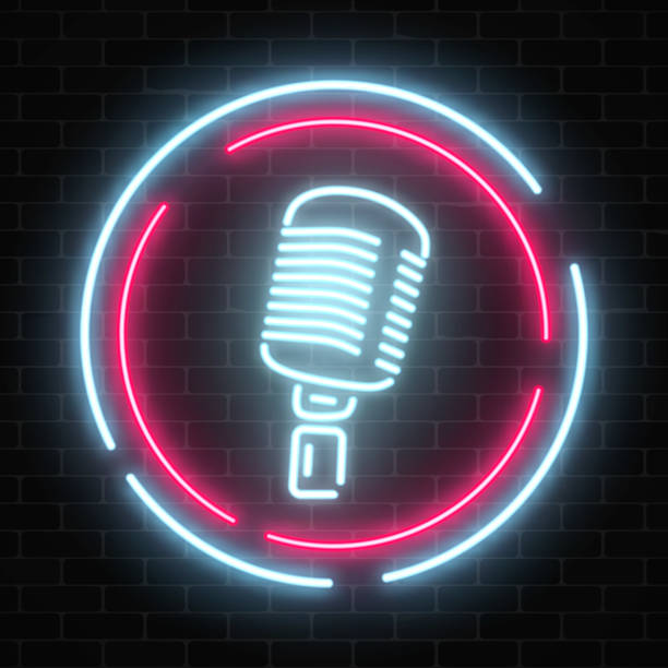 Neon signboard with microphone in round frame. Glowing street sign of bar with karaoke and live singers. Neon signboard with microphone in round frame. Nightclub with live music icon. Glowing street sign of bar with karaoke and live singers. Sound cafe icon. Rock show poster. Vector illustration. microphone borders stock illustrations
