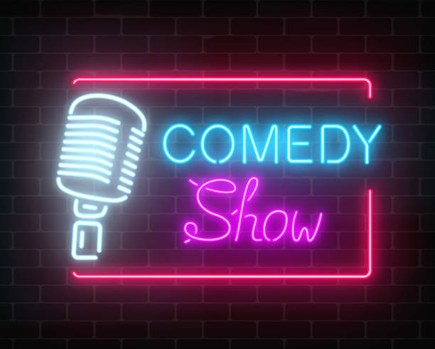 Neon comedy show sign with retro microphone on a brick wall background. Humor monolog glowing signboard. Neon comedy show sign with retro microphone on a brick wall background. Humor monolog glowing signboard. Vector illustration. comedian stock illustrations