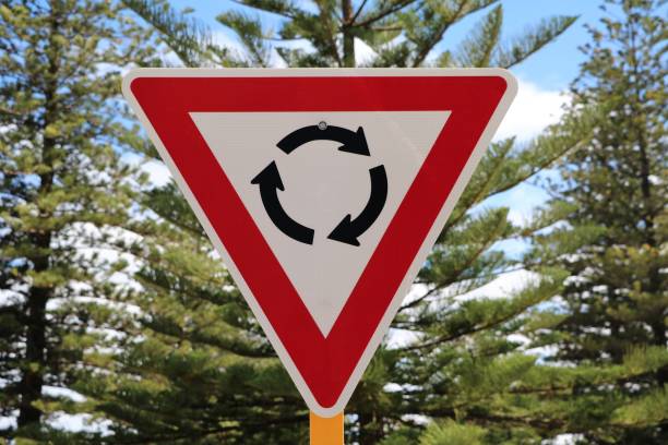 Road Sign for Roundabout left in Australia, Perth Western Australia Road Sign for Roundabout left in Australia, Perth Western Australia cottesloe beach stock pictures, royalty-free photos & images