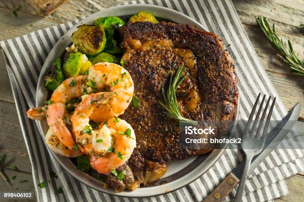 Gourmet Homemade Steak And Shrimp Stock Photo - Download Image Now - Surf and Turf, Steak, Shrimp - Seafood