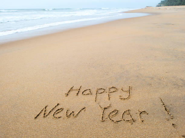 istock happy new year sign on beach 898411298