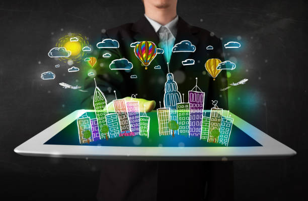 istock Young person showing tablet with hand drawn cityscape 898411864