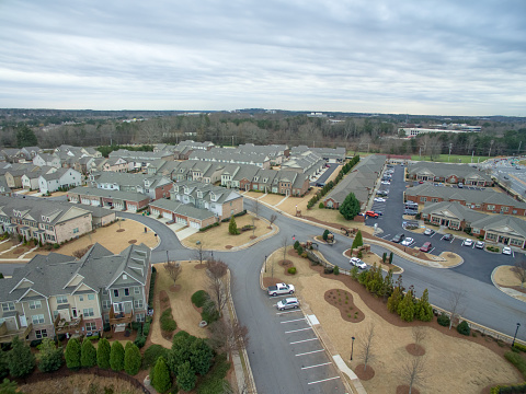 Aerial view of typical suburban houses in North Georgia