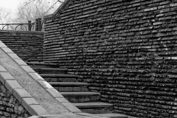 Brick grunge monochrome Stone stairs and rock wall
