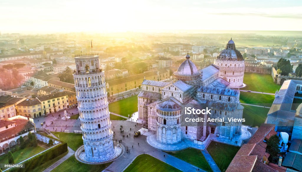 Leaning Tower of Pisa - Aerial Leaning Tower of Pisa - Aerial - December 2017 - Sunset Pisa Stock Photo