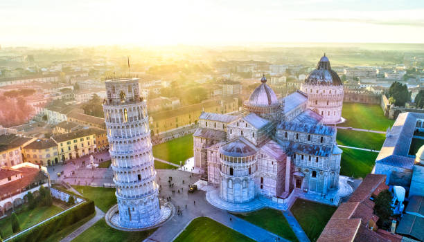 Leaning Tower of Pisa - Aerial Leaning Tower of Pisa - Aerial - December 2017 - Sunset pisa stock pictures, royalty-free photos & images