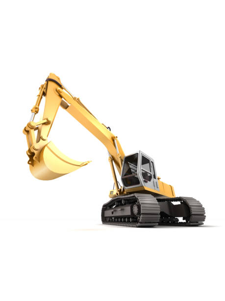 istock Hydraulic Excavator with bucket at foreground. 3d illustration. Front view. Wide angle. Isolated on white 898427700