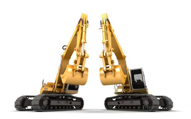 istock Composition of two hydraulic Excavator with buckets at foreground. 3d illustration. Front view. Isolated on white 898427762