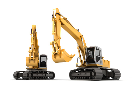 Composition of two hydraulic Excavator with buckets at foreground. 3d illustration. Front view. Isolated on white. Construction concept