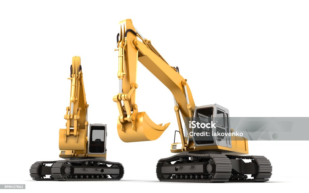 Composition of two hydraulic Excavator with buckets at foreground. 3d illustration. Front view. Isolated on white Composition of two hydraulic Excavator with buckets at foreground. 3d illustration. Front view. Isolated on white. Construction concept Backhoe Stock Photo