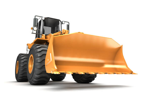 istock Yellow hydraulic loader isolated on white background. 3D illustration. wide angle. front side view 898428126